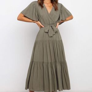 Tie Waist Tiered Short Sleeve Midi Dress Butterfly Sleeve Dark Olive